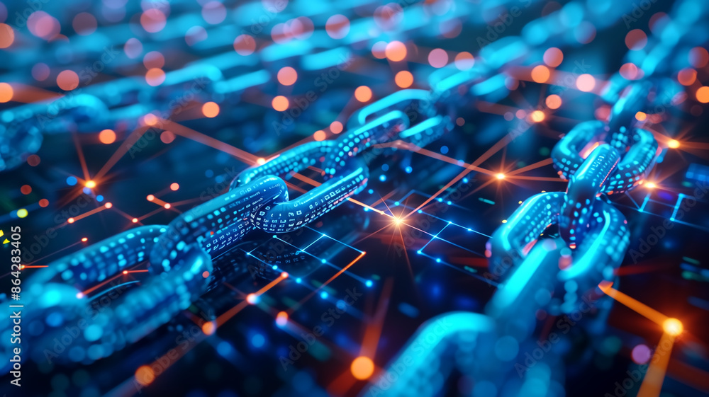 Poster futuristic blockchain technology concept with digital chains and network connections