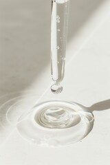 clear, viscous liquid being poured from a dropper onto a clean white surface, showcasing its purity and texture