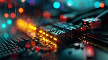 Obraz premium Closeup of a vibrant and colorful electronic circuit board with glowing lights