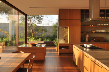 Fototapeta premium Modern kitchen design natural light wood cabinetry open space contemporary home interior stylish cooking area large windows seamless indoor-outdoor flow elegant decor