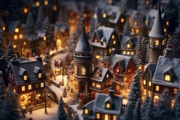 Fototapeta premium Miniature Christmas village houses and snowfall. Festive background.