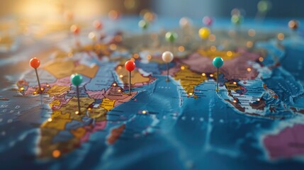 A world map with pins marking the locations of different international online shopping orders.