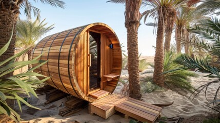 Exotic Desert Oasis Retreat with Wooden Barrel Sauna Surrounded by Palm Trees and Loungers