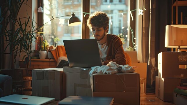 A young entrepreneur working diligently on their laptop at home, surrounded by unpacked boxes of merchandise from their online store. The warm sunlight streams through the window, 