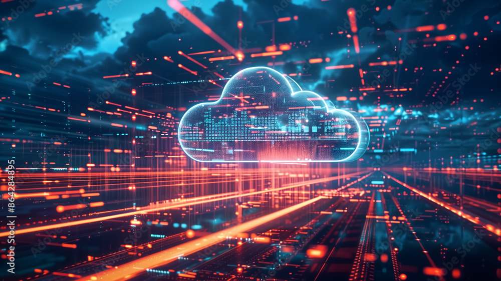 Poster futuristic cloud computing concept with digital data streams and neon lights in a virtual space