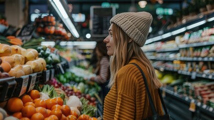 Obraz premium American woman shopping for produce in grocery store