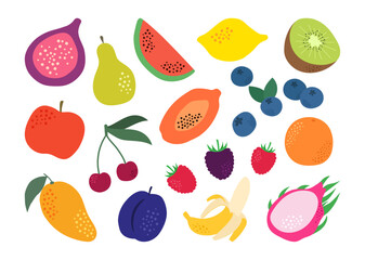 Set of cartoon fruits. Organic fruits collection in doodle style, vector illustration isolated on white background