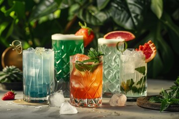 Vibrant assortment of refreshing summer cocktails with tropical garnishes