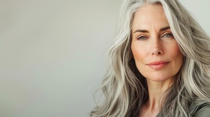 Naklejka premium ageless radiance confident mature woman with long gray hair and glowing skin beauty portrait