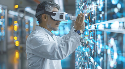 Scientist using virtual reality headset to analyze data on a digital screen in a futuristic lab