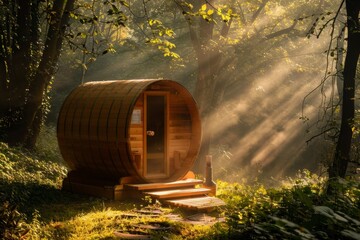 Naklejka premium Wooden Barrel Sauna in Secluded Forest Glade with Mystical Sunlight Rays