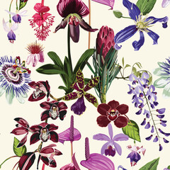 Tropical floral seamless pattern background with exotic dark flowers, palm leaves, jungle leaf, orchid, visteriae flower, protea. Botanical wallpaper illustration in Hawaiian style.