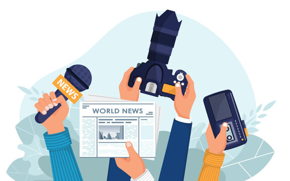 Journalism. Camera and photos. Mass media, television, interview, breaking news, press conference concept. Flat vector