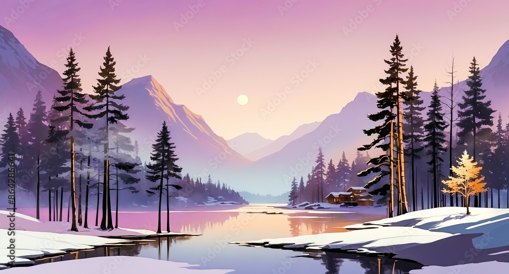 Wall mural Tranquil Winter Wonderland with Cabin on Lake