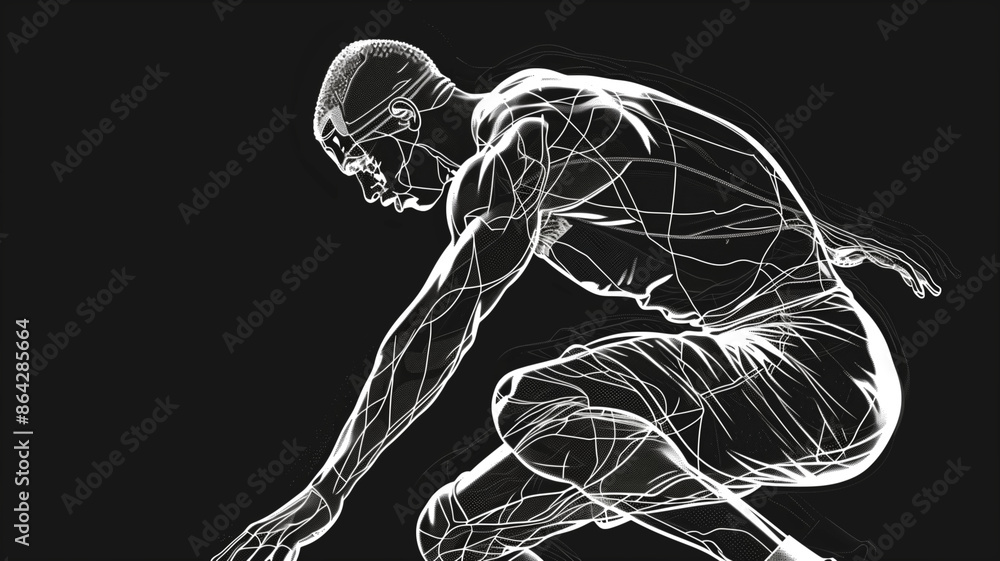 Poster dynamic digital illustration of an athlete in motion with futuristic wireframe design on black backg