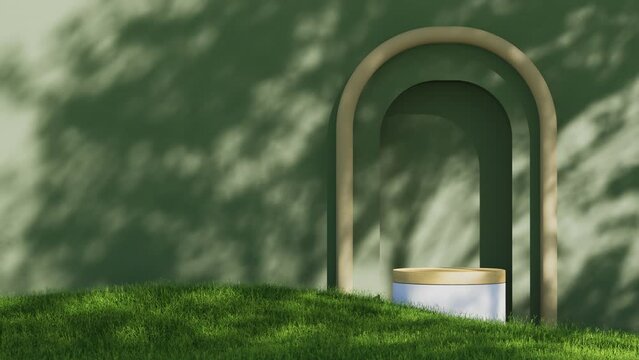 3d render animation 4K Cylinder Podium with Green wall and Grass Floor