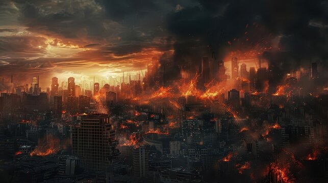 apocalyptic city destroyed by firestorm burning buildings dark smoke disaster scene dramatic digital illustration
