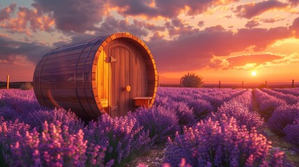 Obraz premium Scenic Wooden Barrel Sauna in Lavender Field at Sunset - Aromatic and Picturesque Relaxation Scene