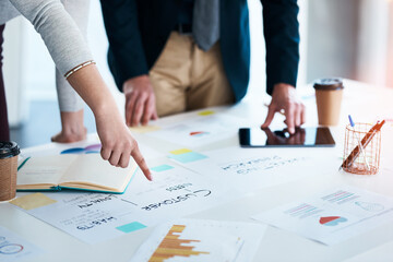 Hands, employees and office with paperwork for strategy, feedback and report on company growth. Business, people and documents with teamwork or collaboration for project planning in boardroom