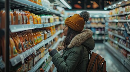 Female shopper checking food labels in the supermarket.