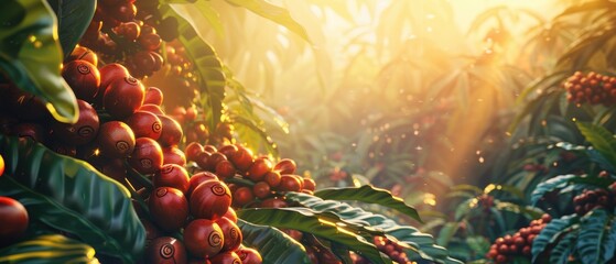 Sunlight filtering through a lush coffee plantation, ripe berries on branches.