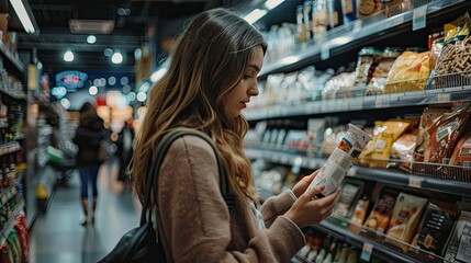 Female shopper checking food labels in the supermarket.