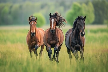 Obraz premium Three horses galloping through a green field, showcasing their powerful movement and natural beauty. The lush greenery and blurred background emphasize the horses' grace and speed