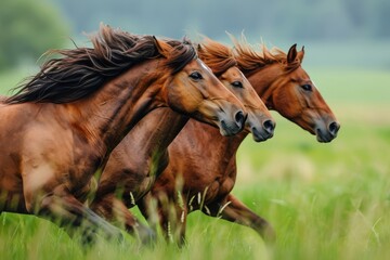 Obraz premium Three brown horses galloping side by side through a lush green field, showcasing their powerful movement and synchronized grace. Perfect for nature and wildlife themes