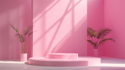 A pink podium with palm trees on either side. The podium is lit by a spotlight, and there is a pink background with shadows of leaves.