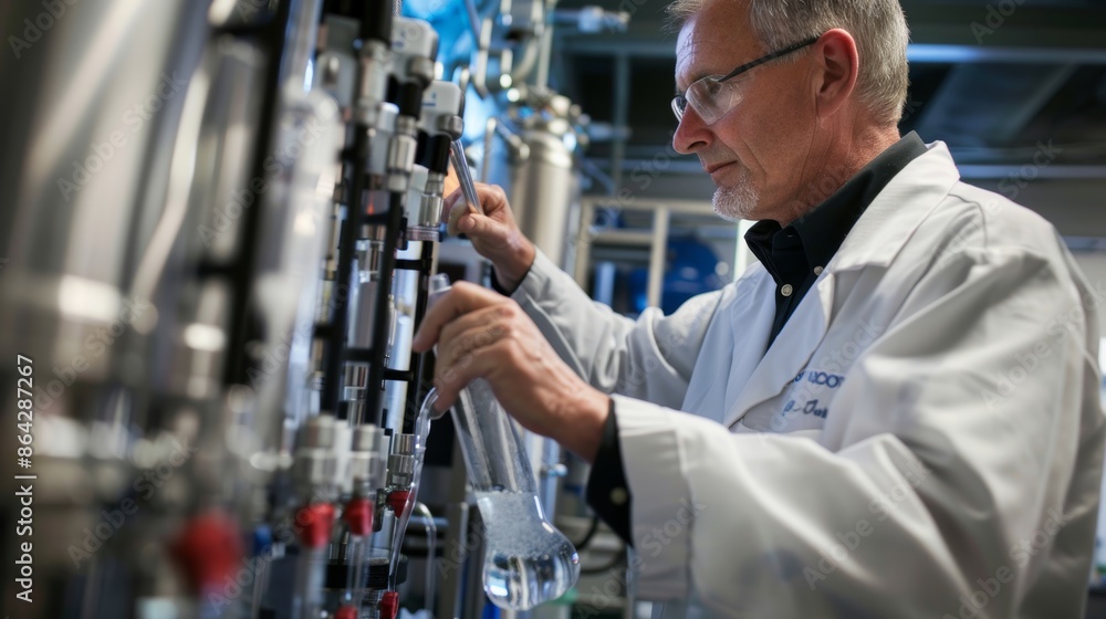 Poster scientist testing water quality with advanced filtration system in a modern laboratory