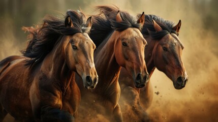 Obraz premium Close-up of three brown horses galloping side by side through a dusty field, showcasing their strength and powerful movement. Perfect for nature and wildlife themes