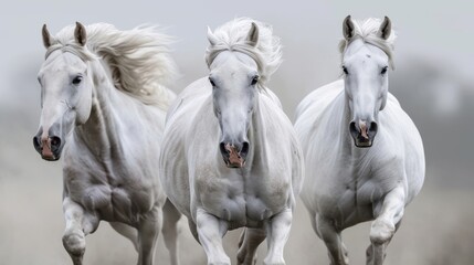 Three powerful white horses galloping side by side, showcasing their strength and grace. The image captures their synchronized movement and majestic beauty, perfect for nature and wildlife themes