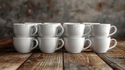 Fototapeta premium A stack of white cups on a wooden table.