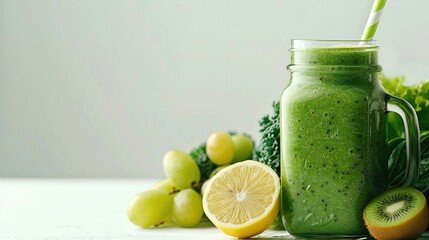 Fototapeta premium Glass jar with green healthy smoothie. Kale leaves, lemon, apple, kiwi, grapes, banana, avocado, lettuce. Copy space. Raw, vegan, vegetarian on white background.