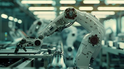 Fototapeta premium Advanced robotic arm working on high-precision tasks in a modern automated factory, showcasing cutting-edge technology and innovation.
