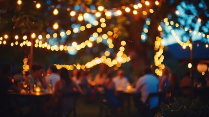 blurred silhouettes at outdoor party illuminated by string lights lively summer night celebration