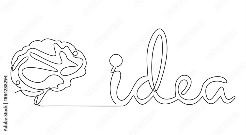 Poster vector continuous one simple single abstract line drawing of human brain isolated on a white backgro