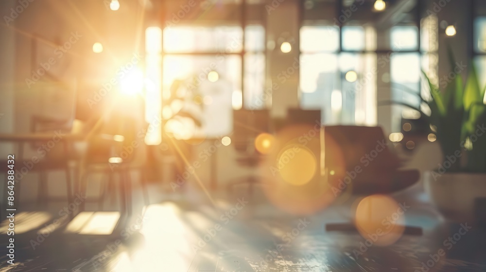 Poster bright sunlight streaming into modern office creating beautiful bokeh effect