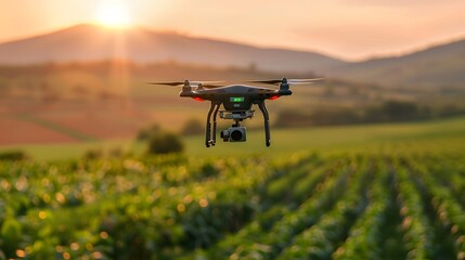 Drone flying over a green agricultural field at sunset with mountains in the background, capturing aerial footage.
