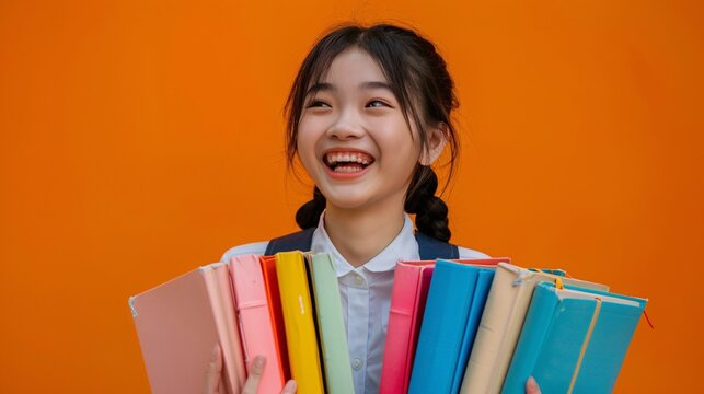 Holding a pile of colorful textbooks, an Asian student in uniform laughs infectiously against a bold orange backdrop. Her genuine happiness and eagerness to learn make her a perfect image for