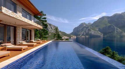 Luxury villa with infinity pool overlooking picturesque mountain lake and scenic panoramic view. Perfect for holiday, travel, and relaxation.