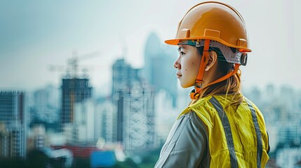 Obraz premium Portrait of a young construction worker woman with safety helmet letting see city buildings under construction on white background