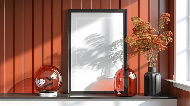 Modern interior decor with framed blank poster, red vases, and dried flowers on wooden wall background, sunlit minimalistic design.