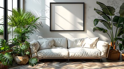 Sunlit living room with cozy white sofa, lush green plants, and a blank picture frame on the wall, creating a serene and inviting ambiance.