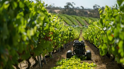 Vineyard with modern agricultural machinery navigating between rows of grapevines on a sunny day, showcasing farming technology.
