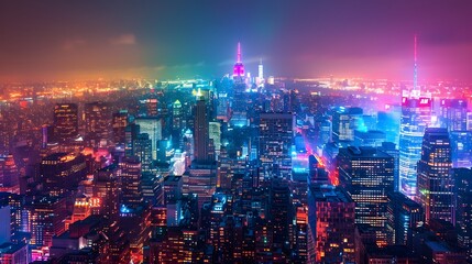 A breathtaking aerial view of a vibrant cityscape illuminated with colorful neon lights at night, showcasing the bustling urban life.