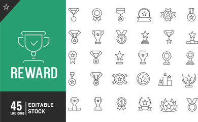 Editable Awards & badge line icon set. Vector illustration. Cups, Awards, Medals, Diplomas, Number One, Stars, Winner.