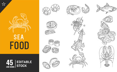 Obraz premium Editable sea food line icon set. Vector illustration. chicken, octopus, beef, and more.