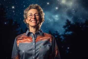 Fototapeta premium Portrait of a happy woman in her 50s sporting a breathable hiking shirt on backdrop of starlit galaxies
