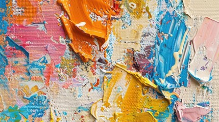 Fototapeta premium closeup of abstract rough colorful multicolored art painting texture with oil brushstrokes and palette knife paint on canvas